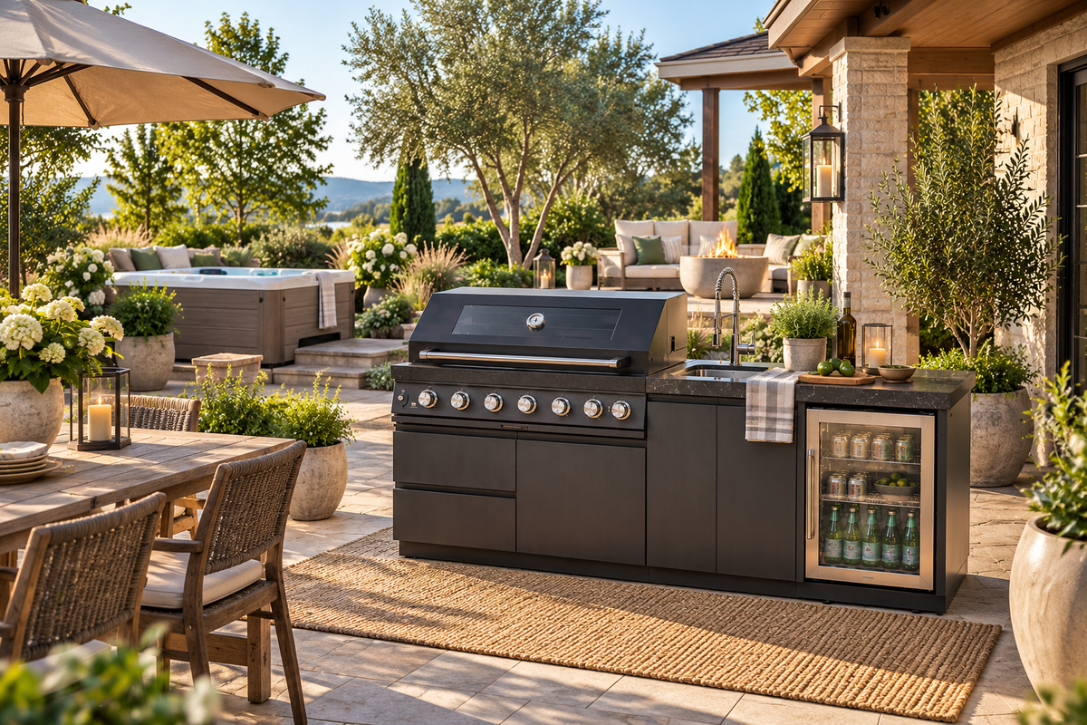 6-Burner Outdoor Kitchen Island with Wine Cooler, Sink & Rotisserie – Black