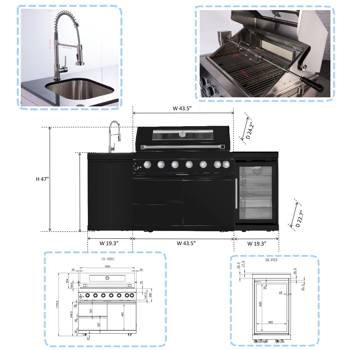 6-Burner Outdoor Kitchen Island with Wine Cooler, Sink & Rotisserie – Black