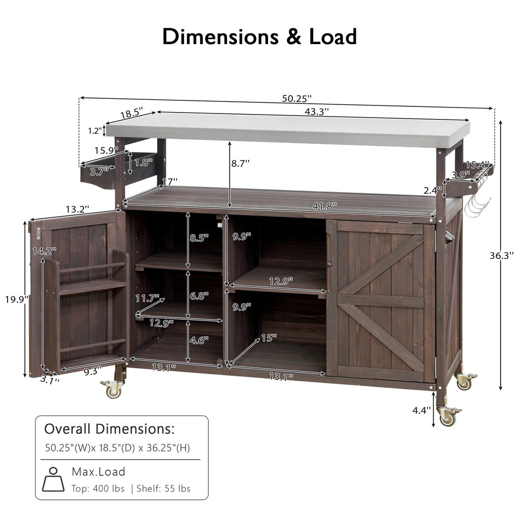 Outdoor Kitchen Island, Rolling Bar Cart & Storage Cabinet-Brown