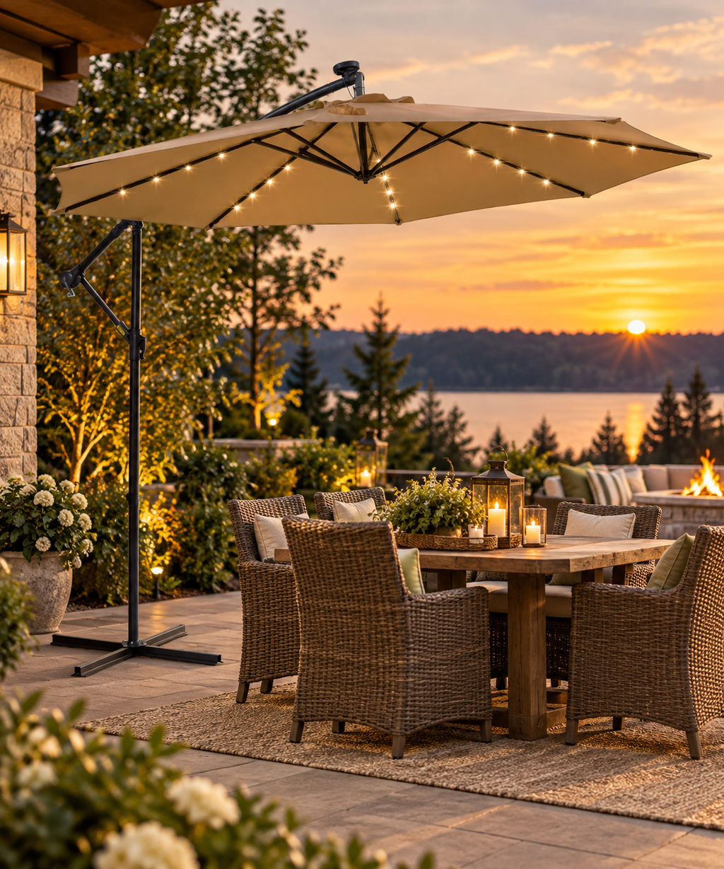 10' Cantilever Patio Umbrella with 32 Solar LED Lights