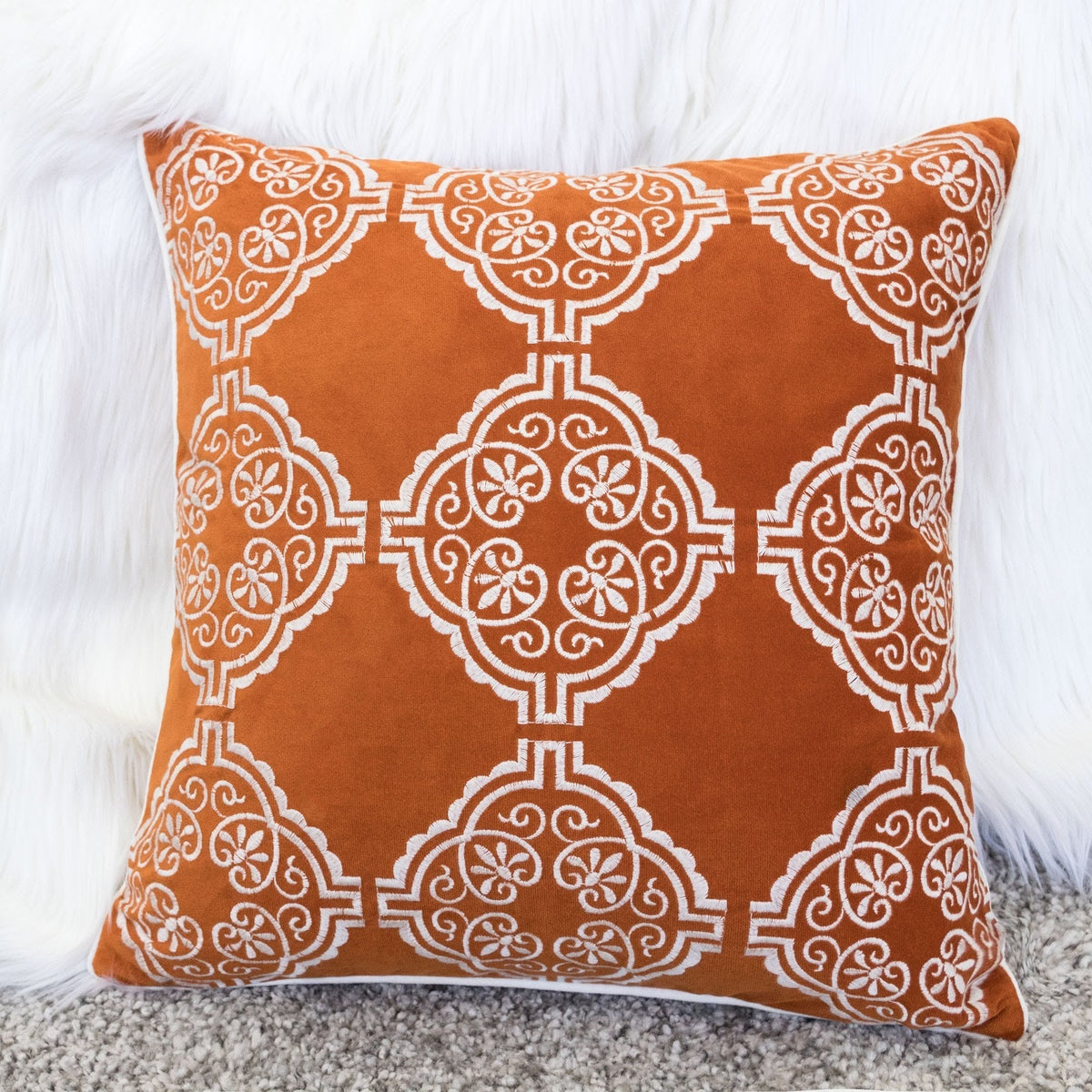 Burnt Orange Damask Embroidered Throw Pillow – 20"