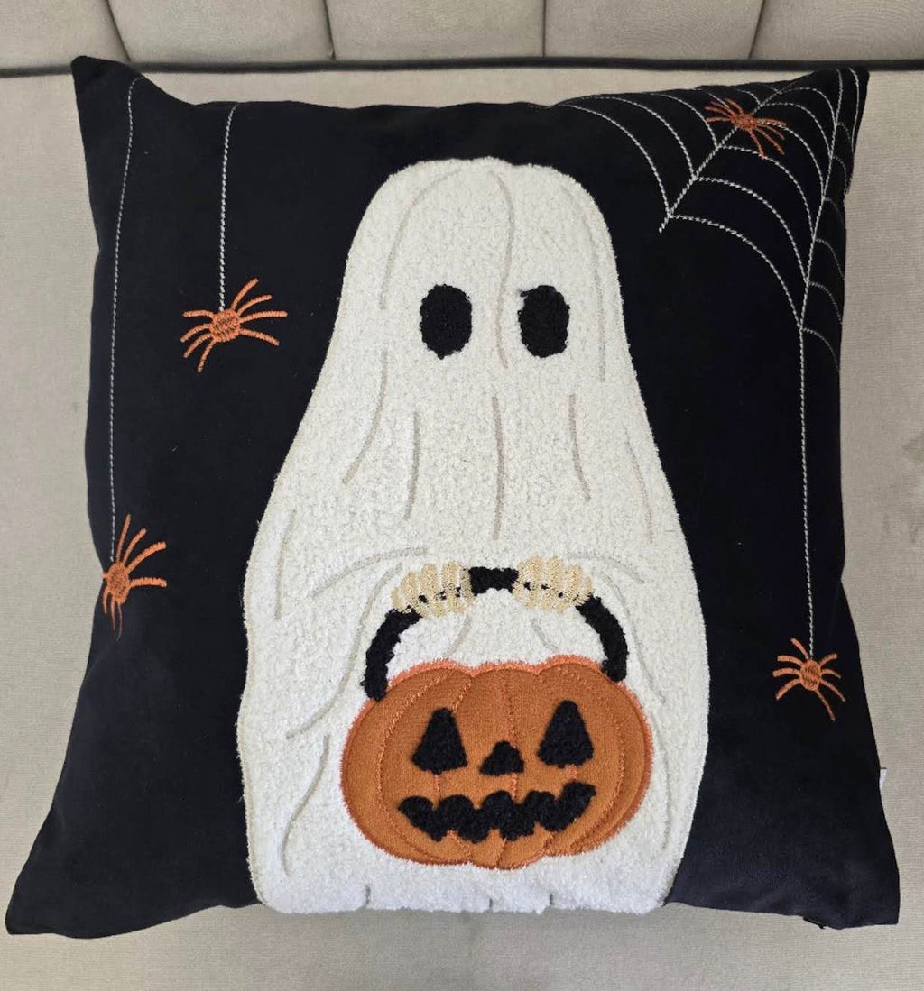Halloween Ghost & Pumpkin Bucket Throw Pillow – 20"