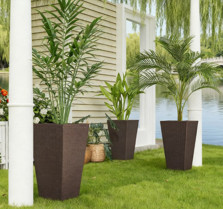 Outdoor Flower Plant Pots - Set of 3 Tall Planters-Brown