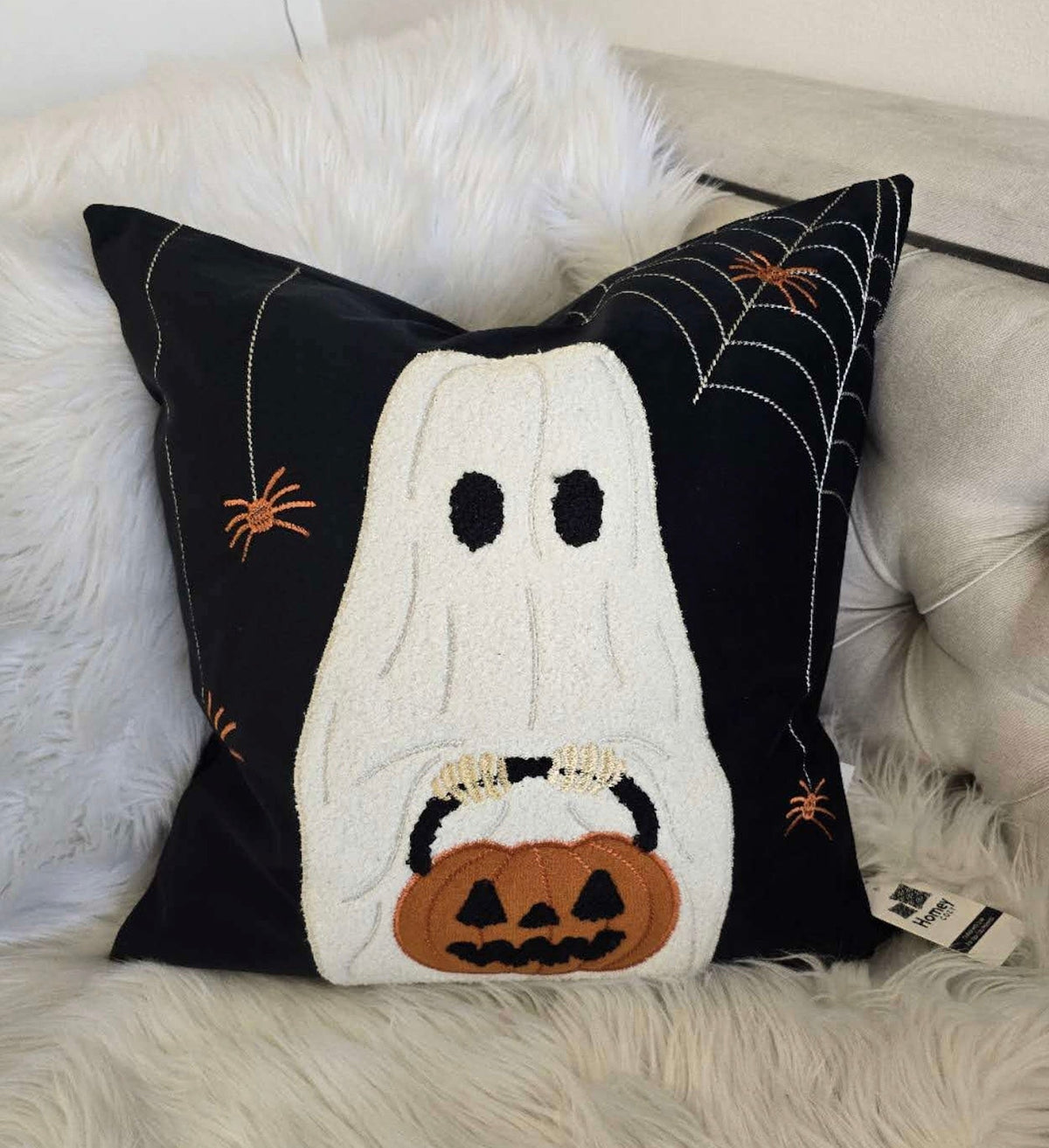 Halloween Ghost & Pumpkin Bucket Throw Pillow – 20"