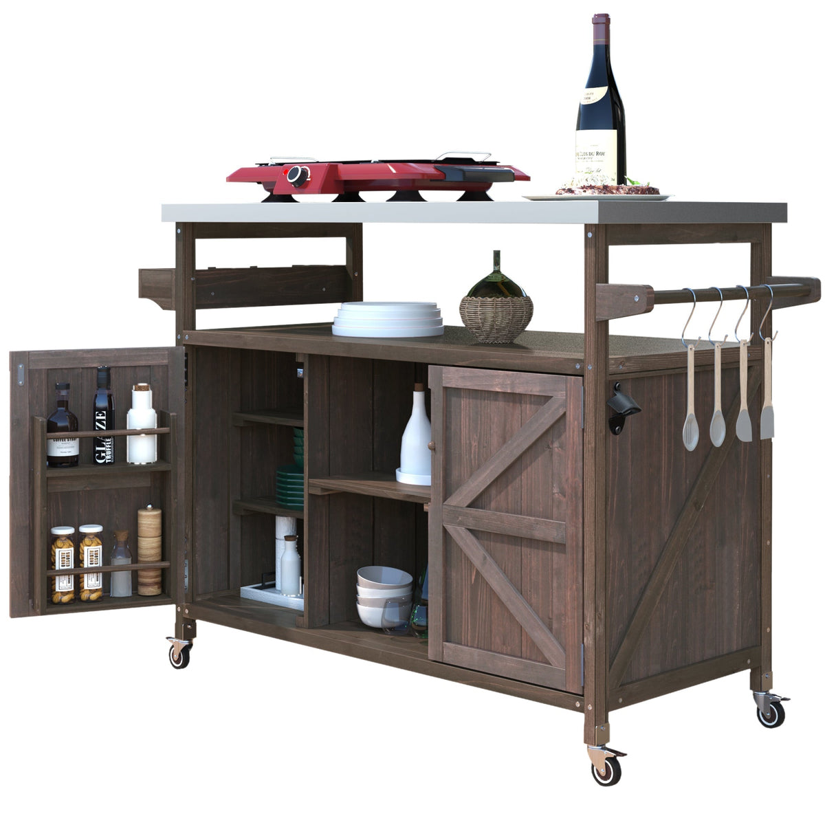 Outdoor Kitchen Island, Rolling Bar Cart & Storage Cabinet-Brown