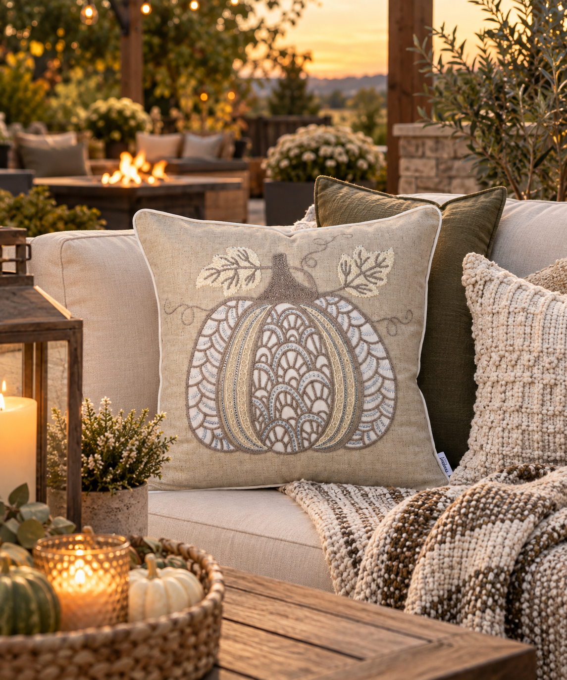 Lace Embroidered Pumpkin Throw Pillow – Natural, 20"