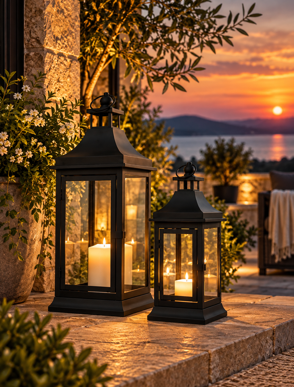 Set of two black metal candle lanterns glowing outdoors at dusk
