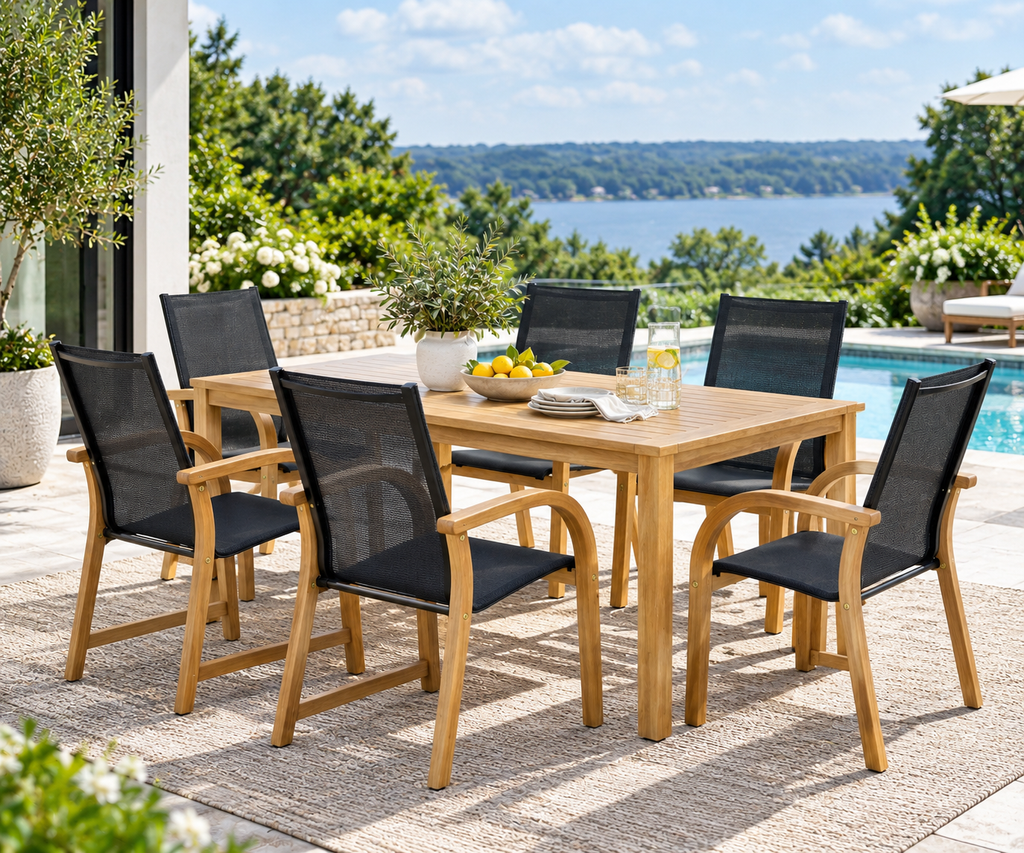 5-Piece Hardwood Outdoor Dining Set with Black Armchairs