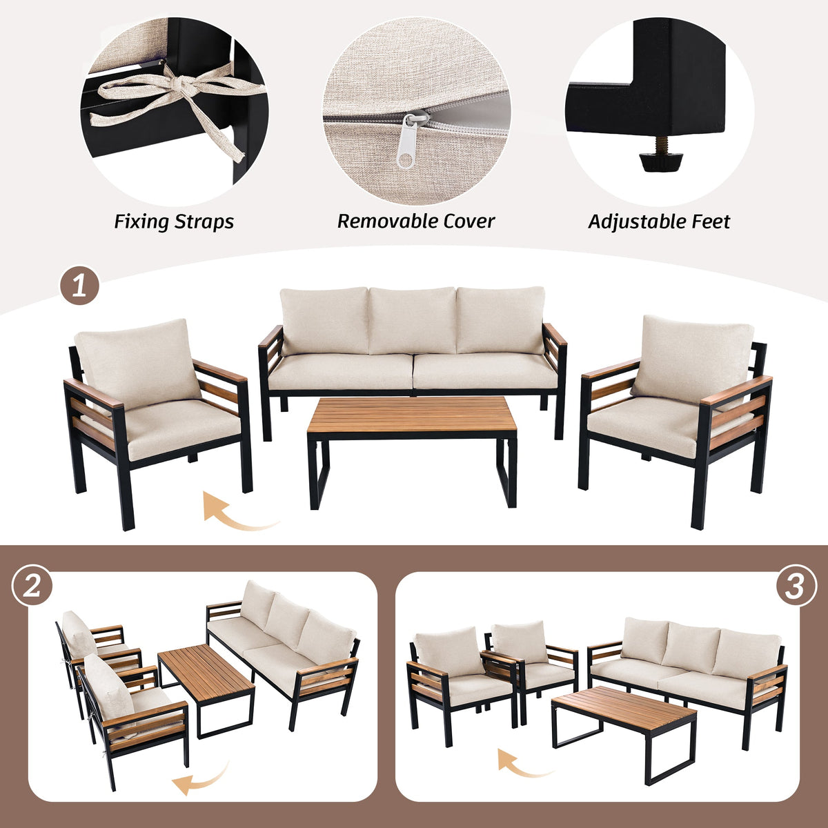 4-Piece Acacia Wood Sofa Set for Five