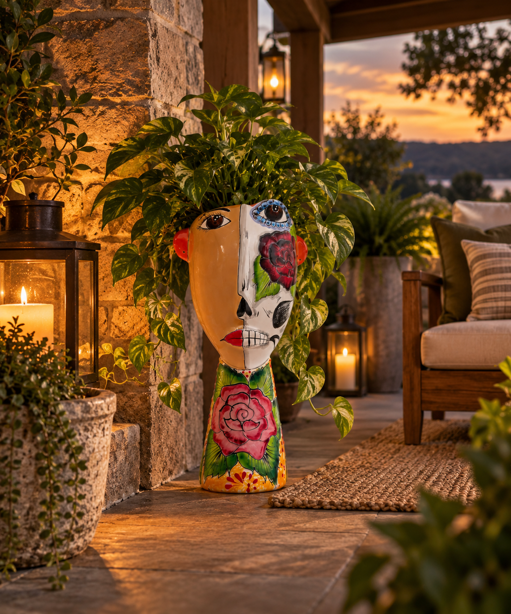 Talavera Lady Planter | Day of the Dead Face Design