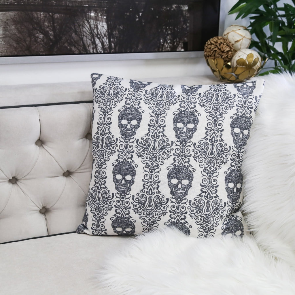 Gothic Damask Skull Throw Pillow – 20"