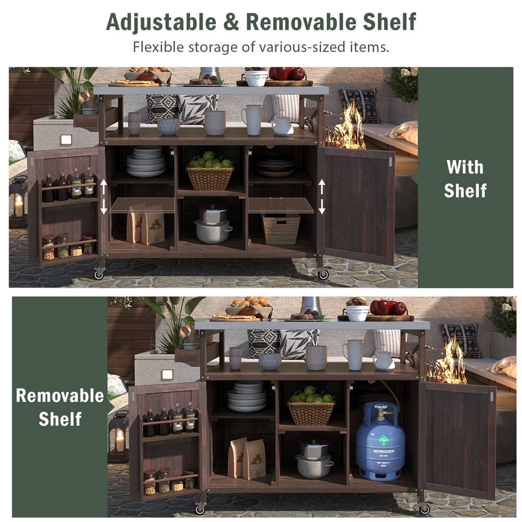 Outdoor Kitchen Island, Rolling Bar Cart & Storage Cabinet-Brown