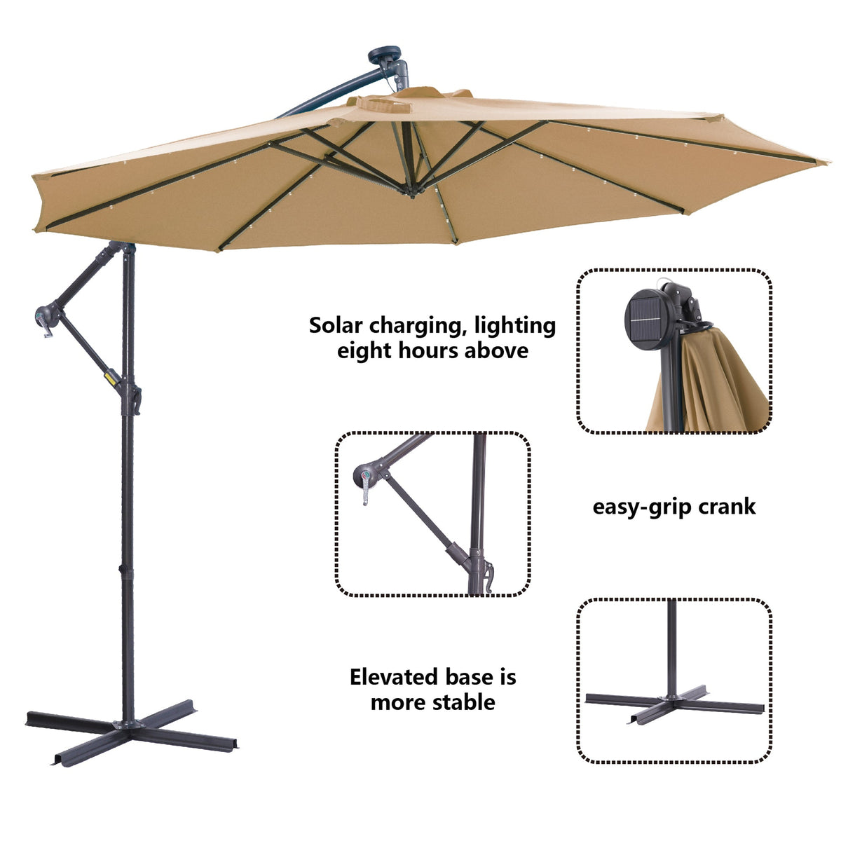 10' Cantilever Patio Umbrella with 32 Solar LED Lights