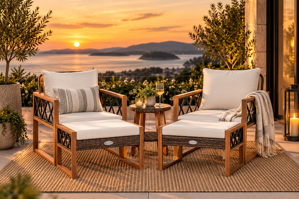 5-Piece Acacia Wood & Rattan Outdoor Conversation Set
