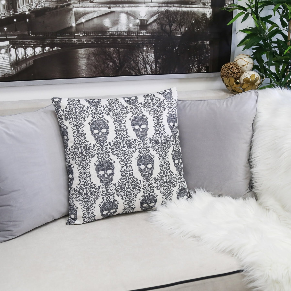 Gothic Damask Skull Throw Pillow – 20"