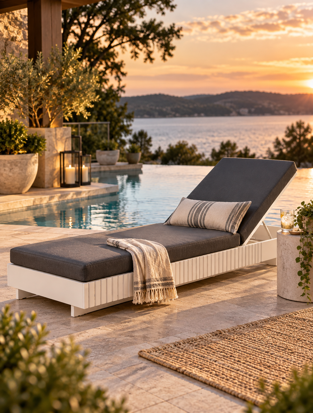 White Acacia Solid Wood Outdoor Chaise Lounge with Dark Cushion