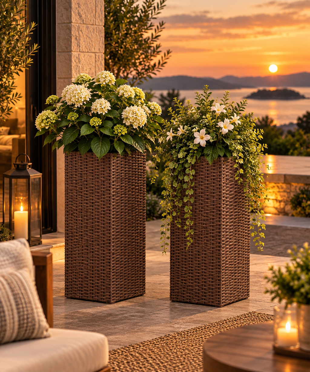 Square Wicker Planter 2-piece Set in Brown