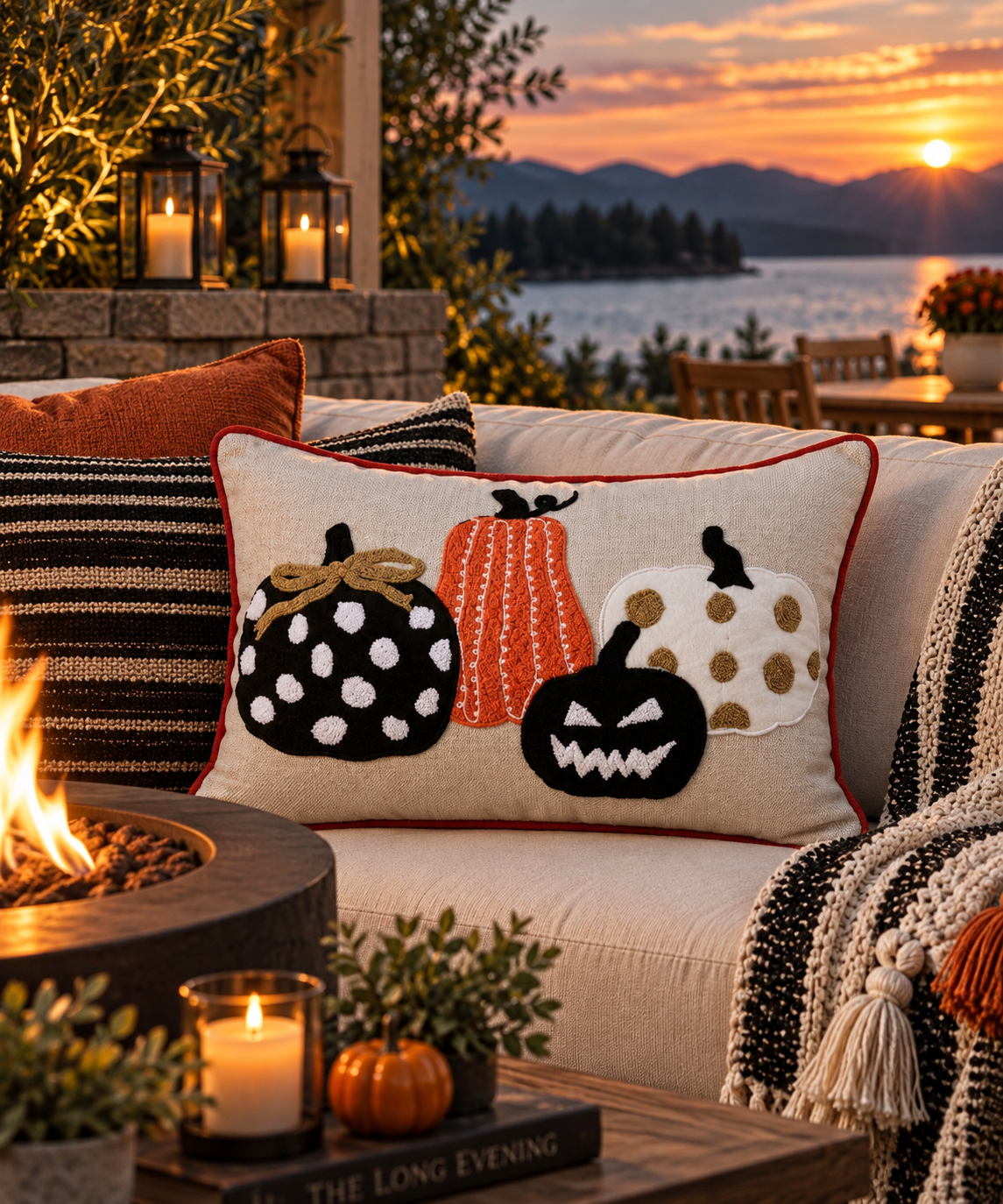 Embroidered Halloween Pumpkin Lumbar Pillow – 14" x 20"