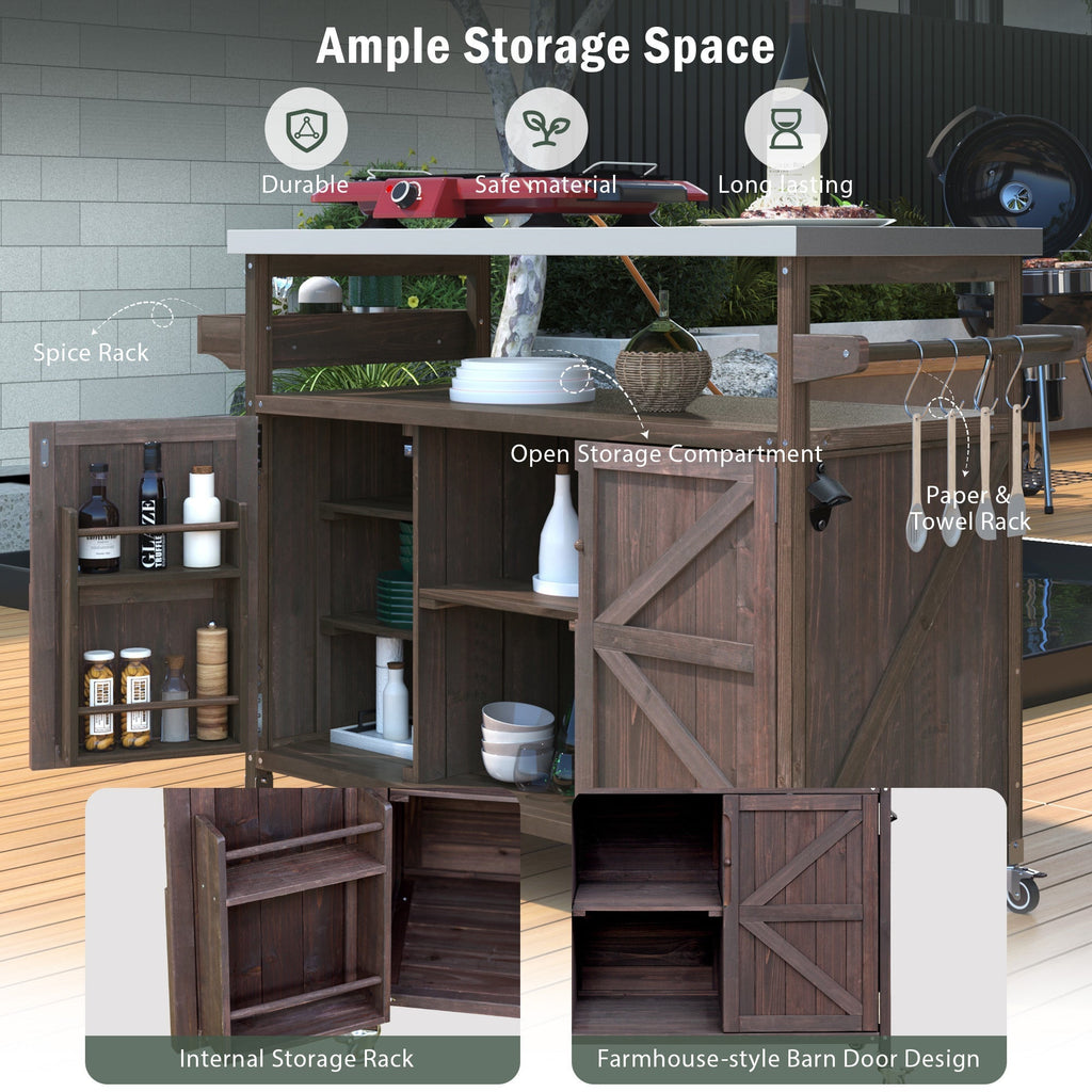 Outdoor Kitchen Island, Rolling Bar Cart & Storage Cabinet-Brown