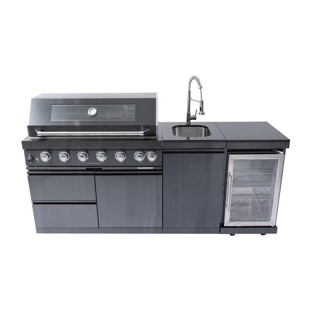 6-Burner Outdoor Kitchen Island with Wine Cooler, Sink & Rotisserie – Black