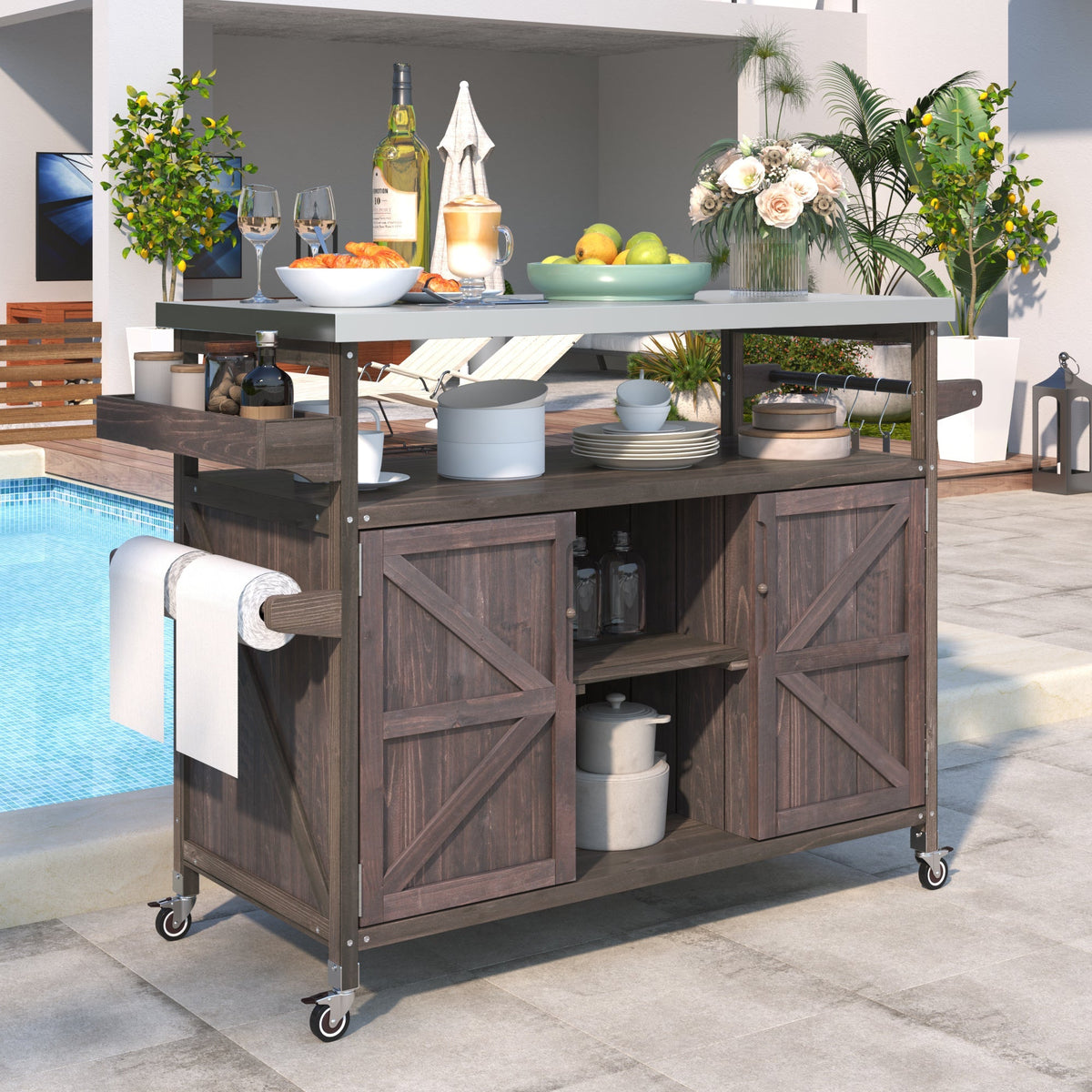 Outdoor Kitchen Island, Rolling Bar Cart & Storage Cabinet-Brown