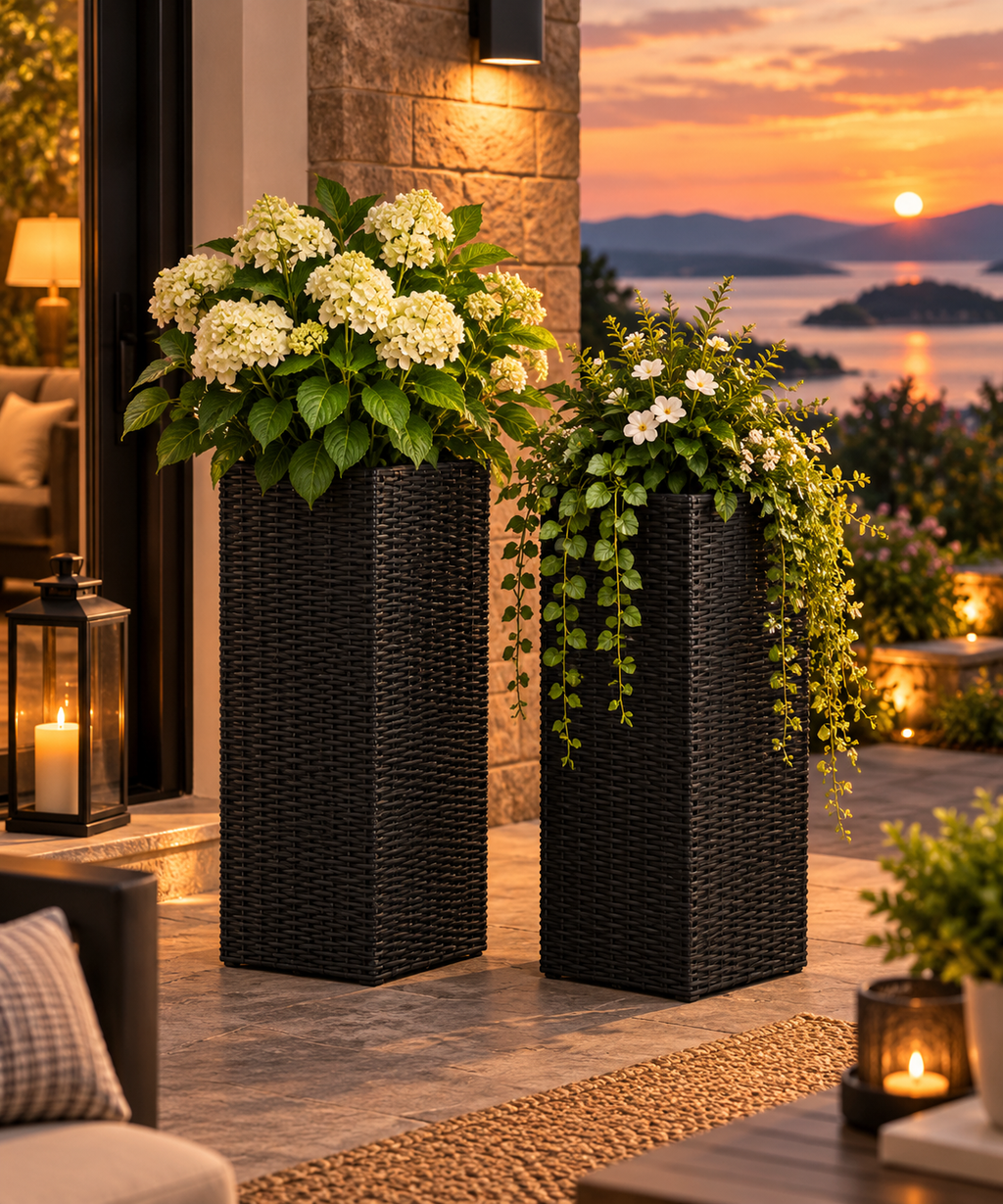 Square Wicker Planter 2-piece Set in Black
