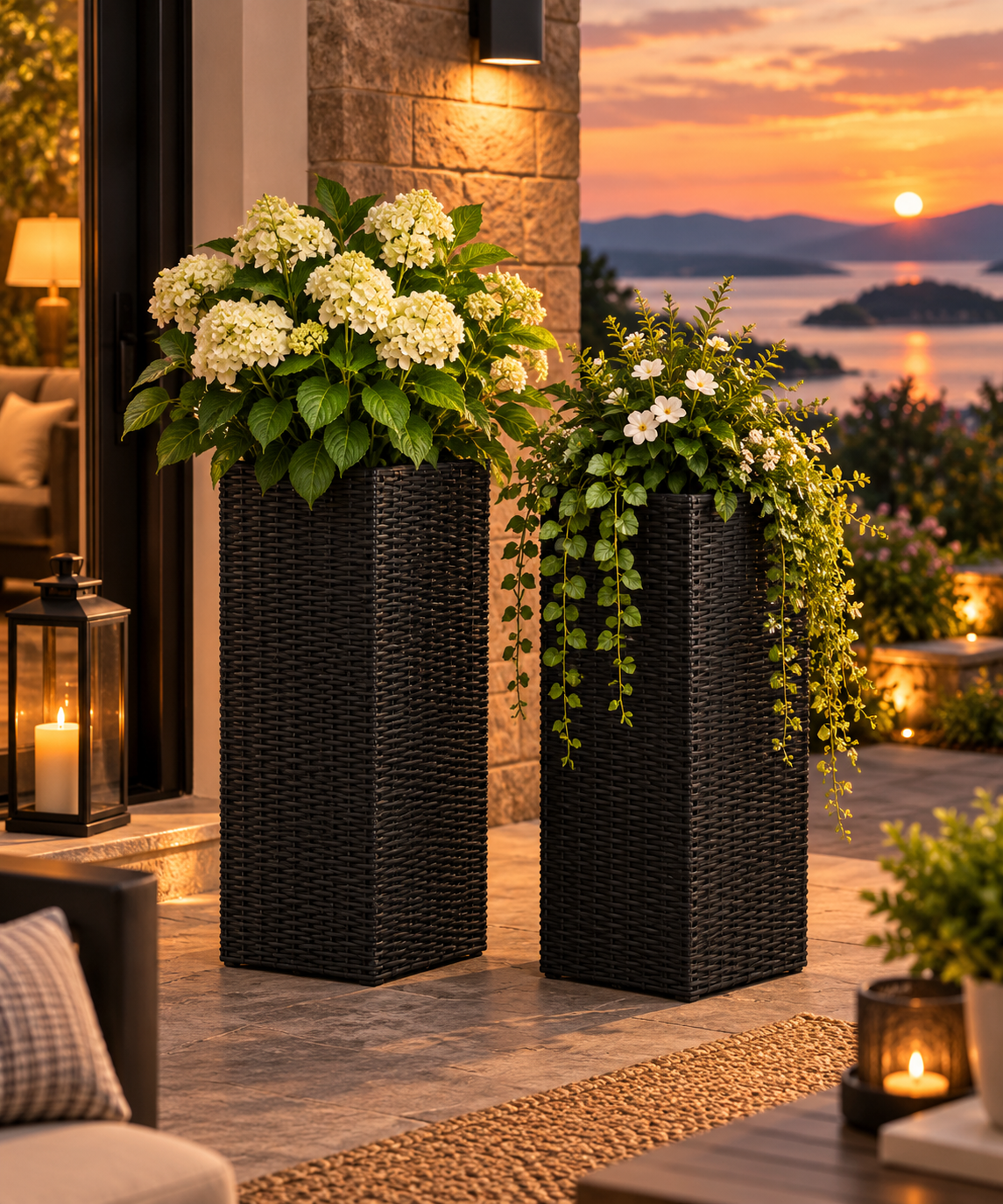 Square Wicker Planter 2-piece Set in Black