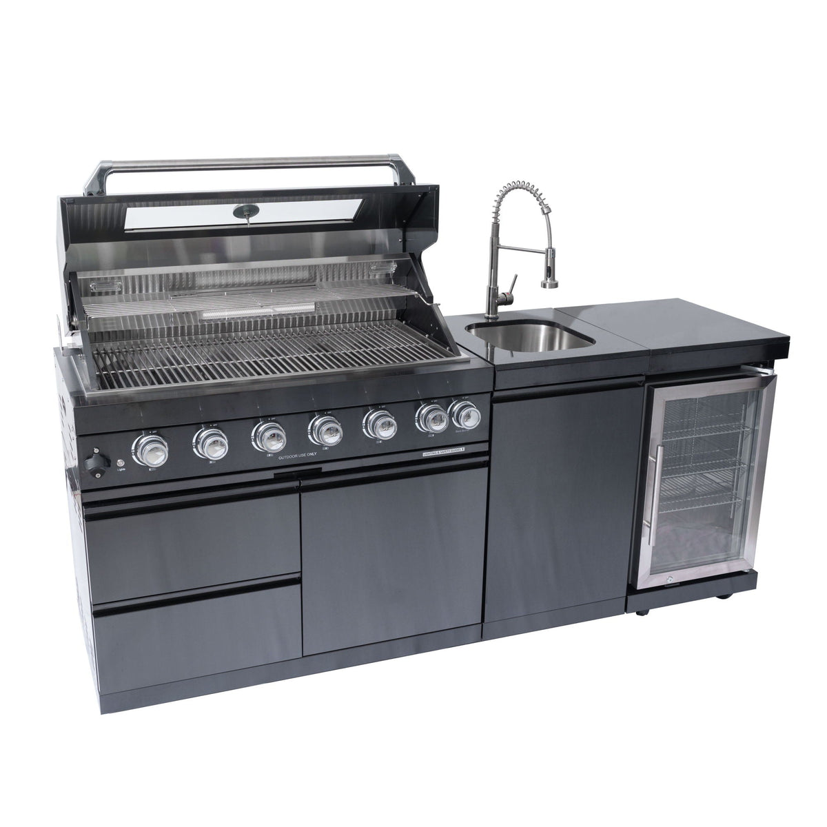 6-Burner Outdoor Kitchen Island with Wine Cooler, Sink & Rotisserie – Black