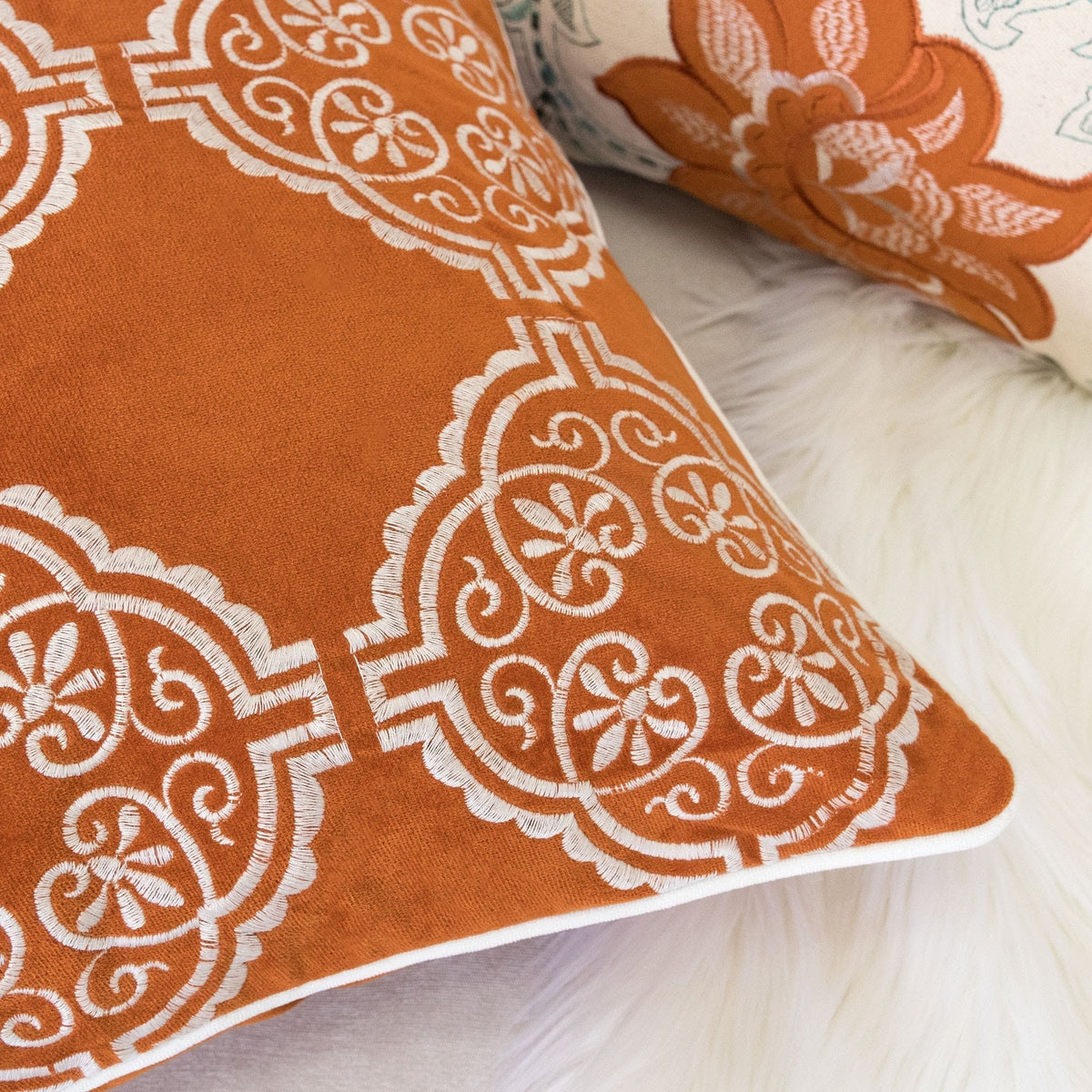 Burnt Orange Damask Embroidered Throw Pillow – 20"