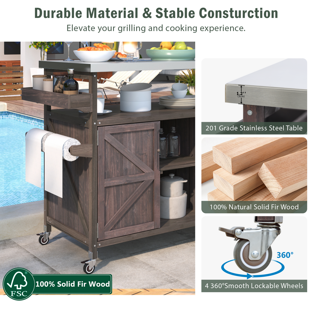 Outdoor Kitchen Island, Rolling Bar Cart & Storage Cabinet-Brown