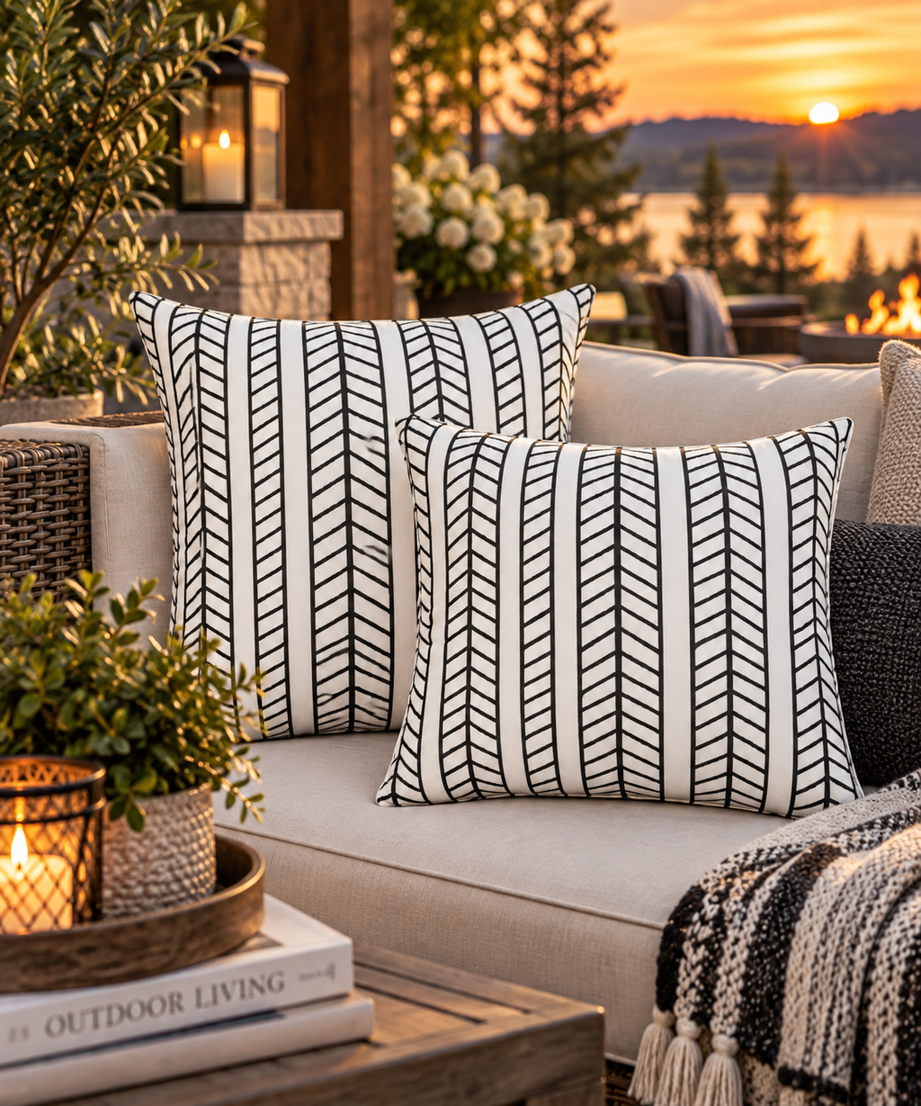 Neutral Striped Outdoor Throw Pillows – Set of 2, 18"