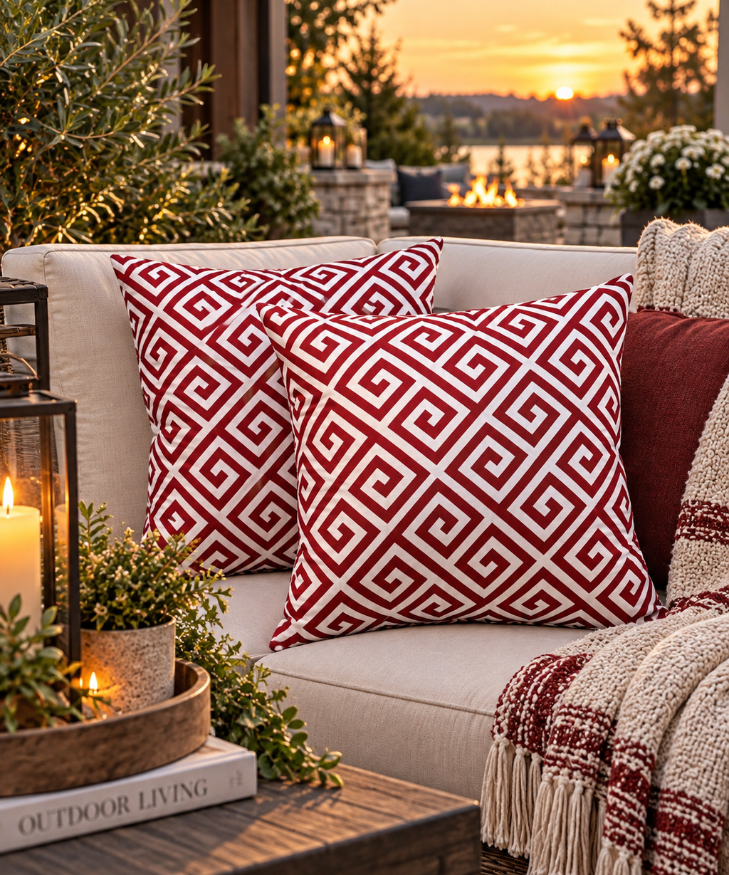 Red Geometric Outdoor Throw Pillows – Set of 2, 18"
