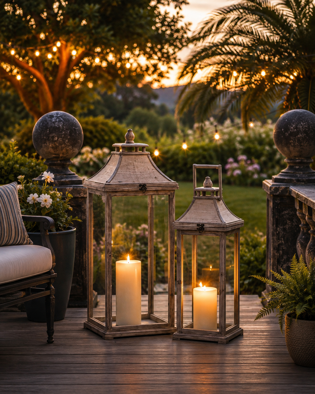 Two ivory wood candle lanterns styled in an outdoor living space