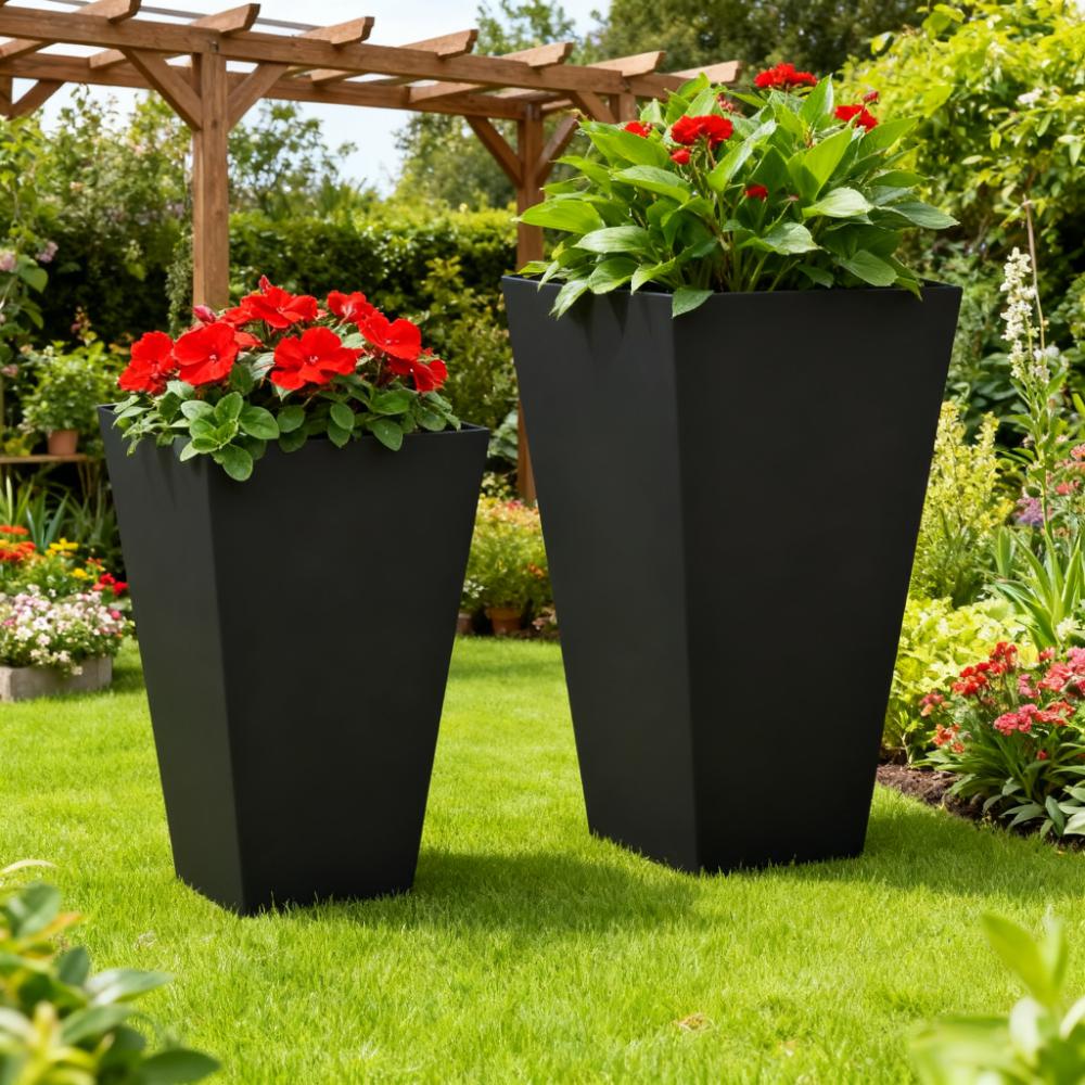 Modern Tall Outdoor Planters — Set of 2 — Black