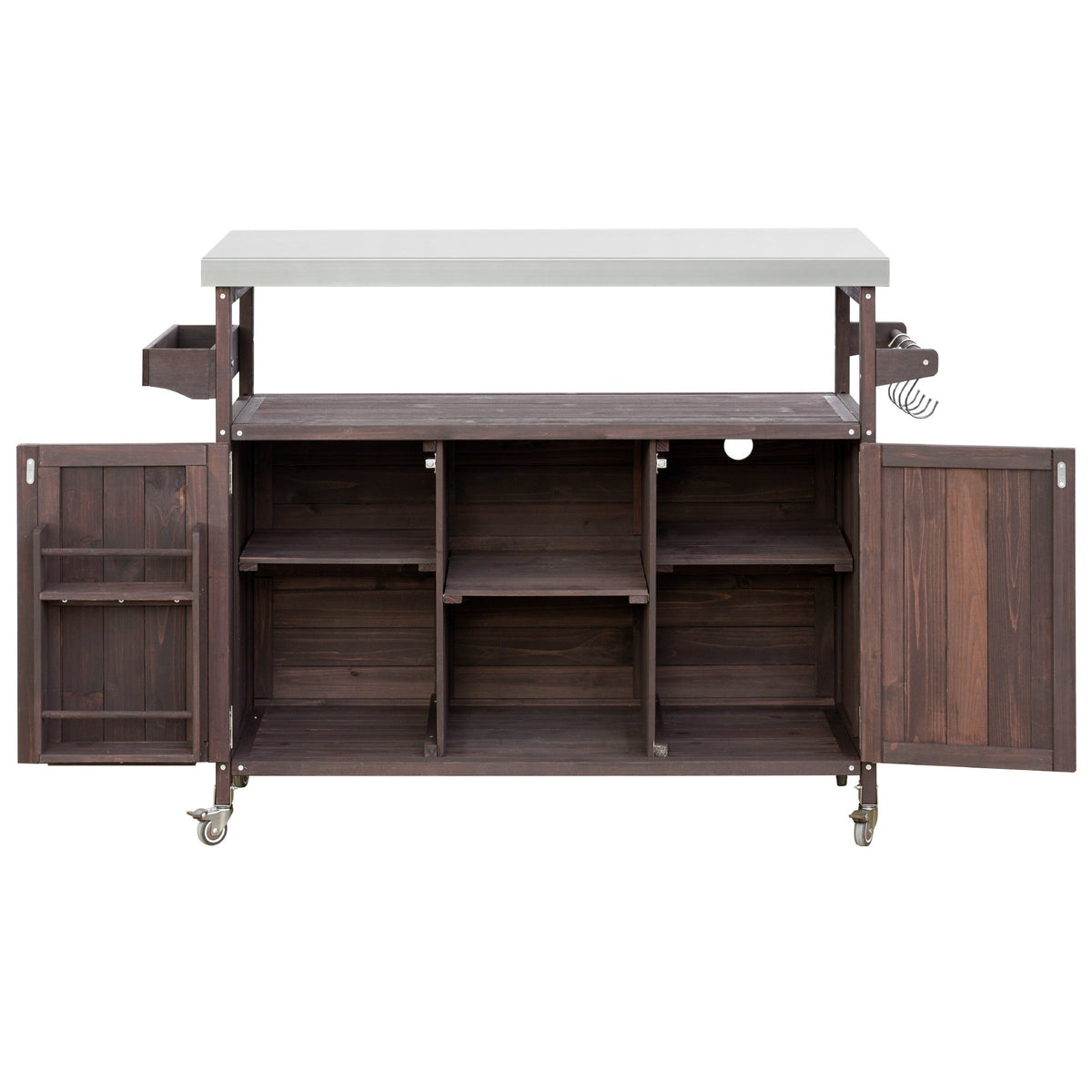 Outdoor Kitchen Island, Rolling Bar Cart & Storage Cabinet-Brown