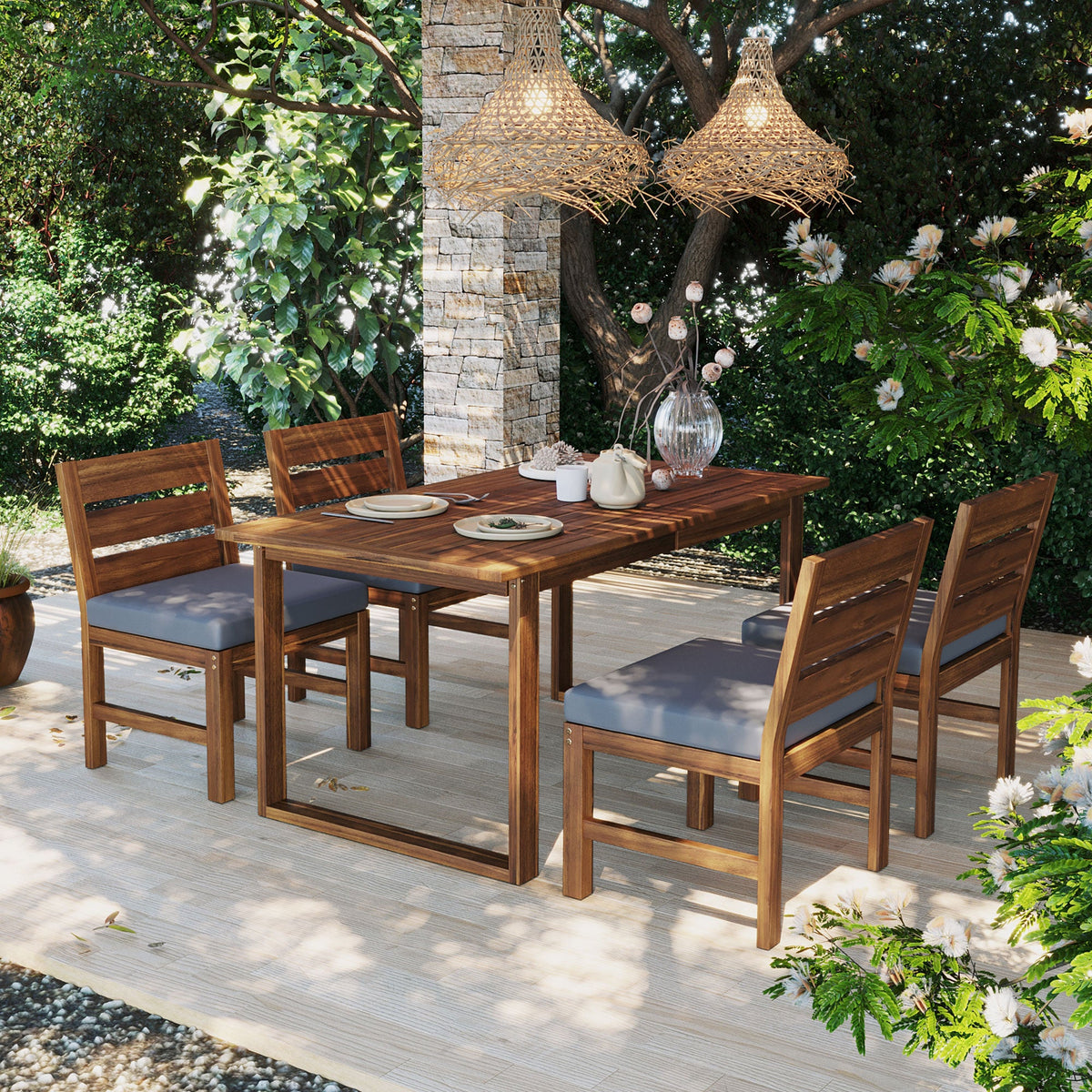 5-Piece Acacia Wood Outdoor Dining Set with Cushioned Chairs