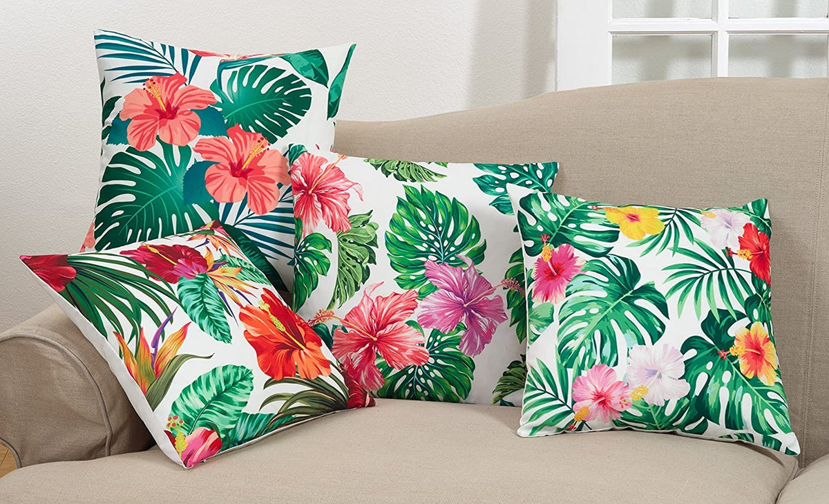 Monstera & Hibiscus Indoor/Outdoor Throw Pillow – 18"