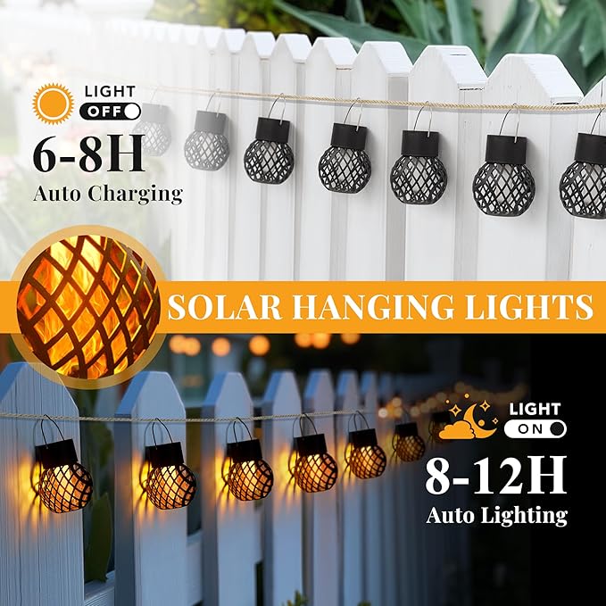GIGALUMI Solar Hanging Lanterns with Flickering Flame – Set of 8