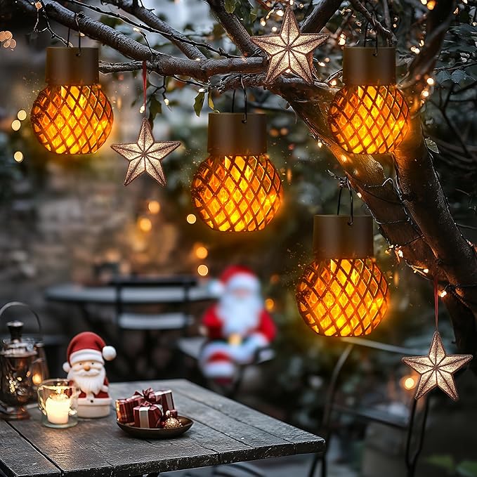 GIGALUMI Solar Hanging Lanterns with Flickering Flame – Set of 8