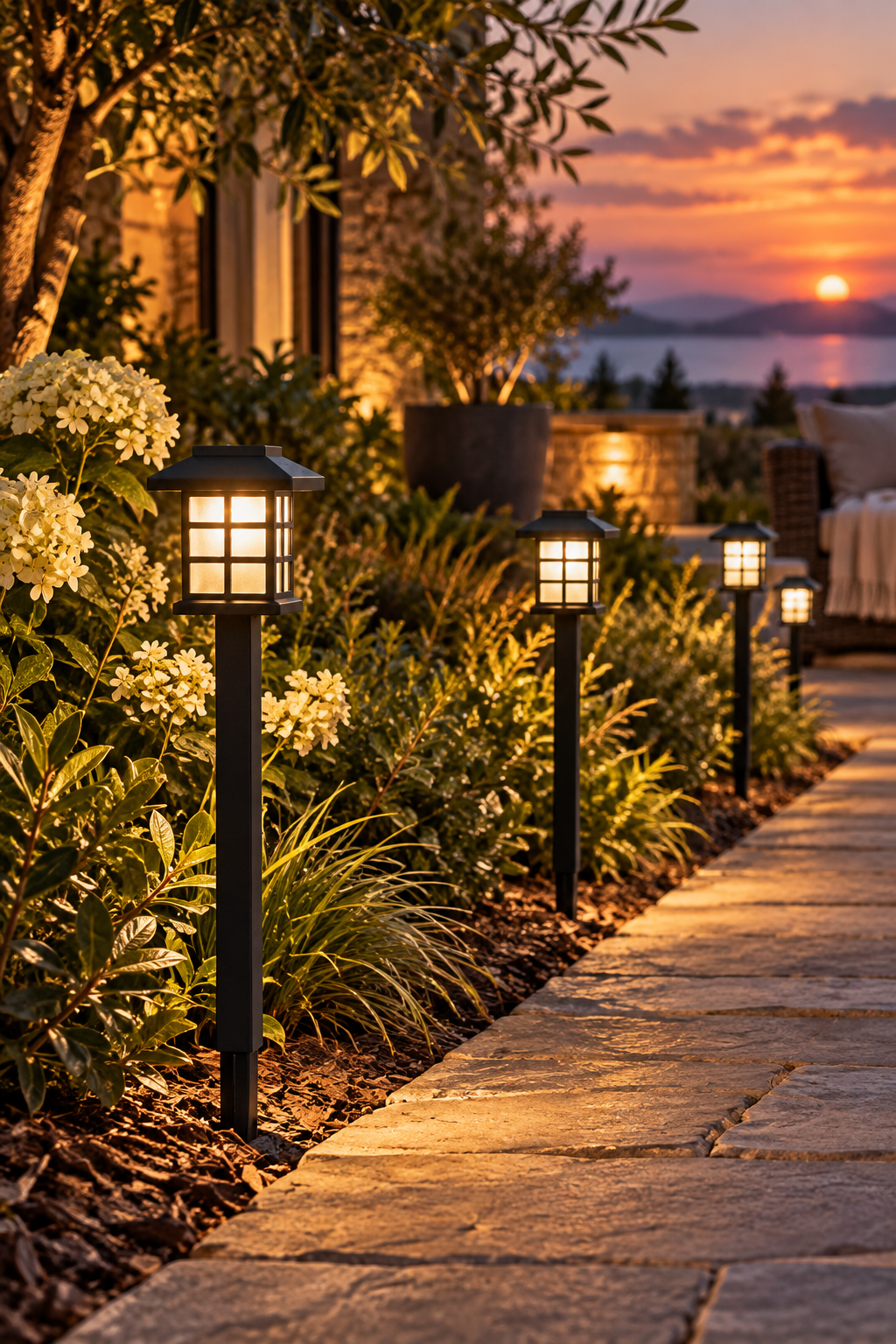 LED solar pathway lights glowing along an outdoor walkway at dusk