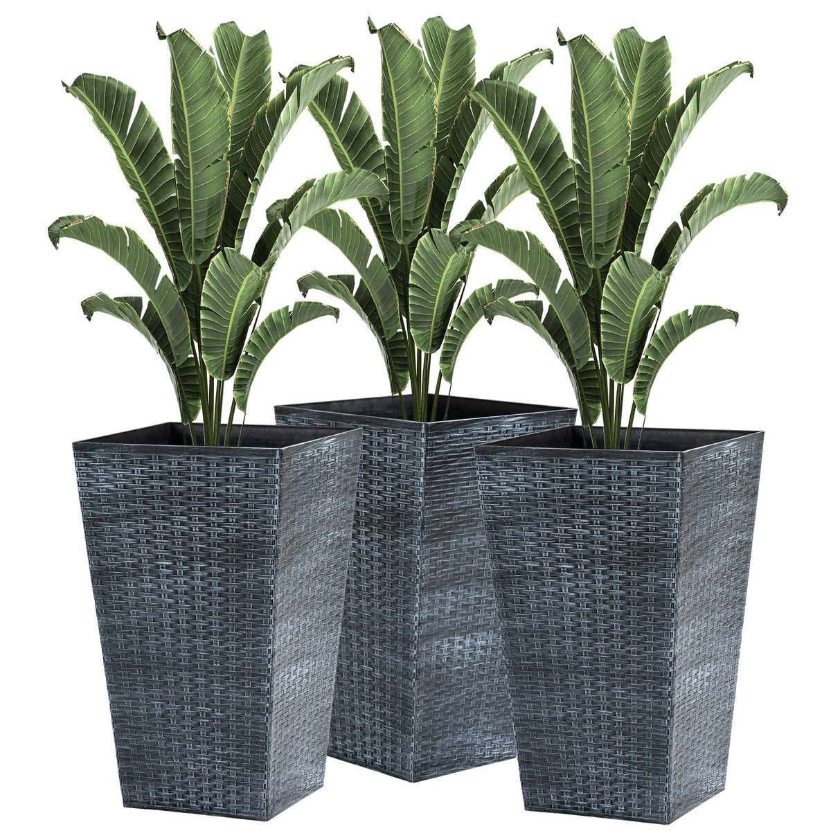 Tall Black Outdoor Planters with Drainage — Set of 3