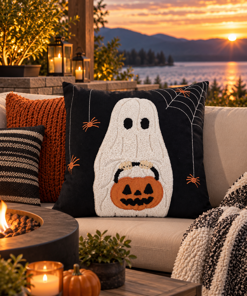 Halloween Ghost & Pumpkin Bucket Throw Pillow – 20"
