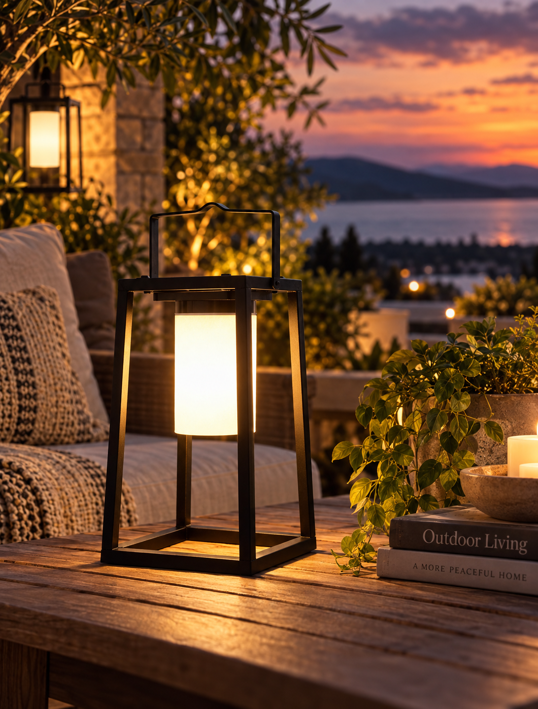Portable solar outdoor lantern glowing on a patio at dusk