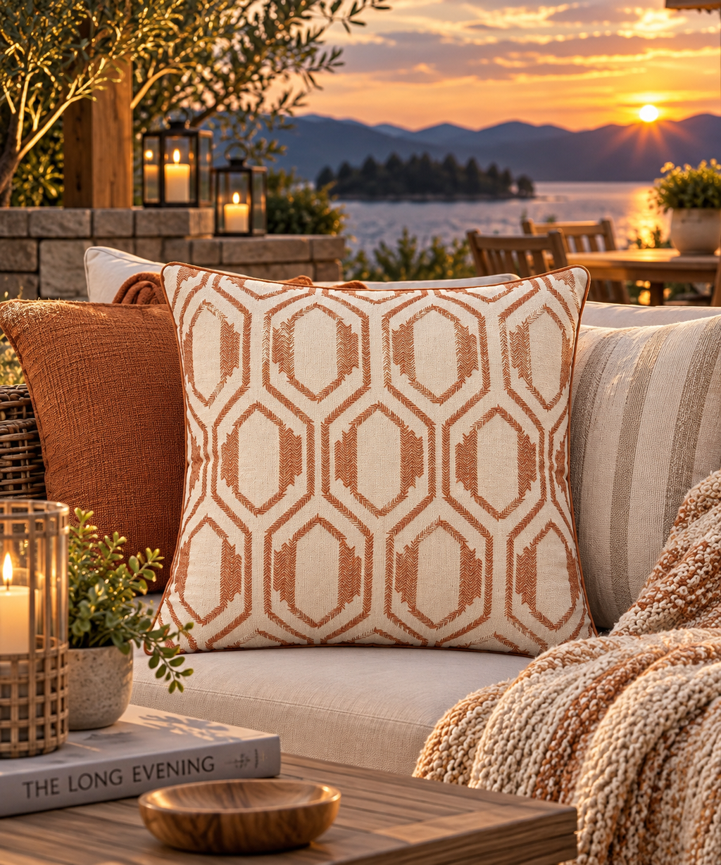 Rust Geometric Embroidered Throw Pillow – 20"