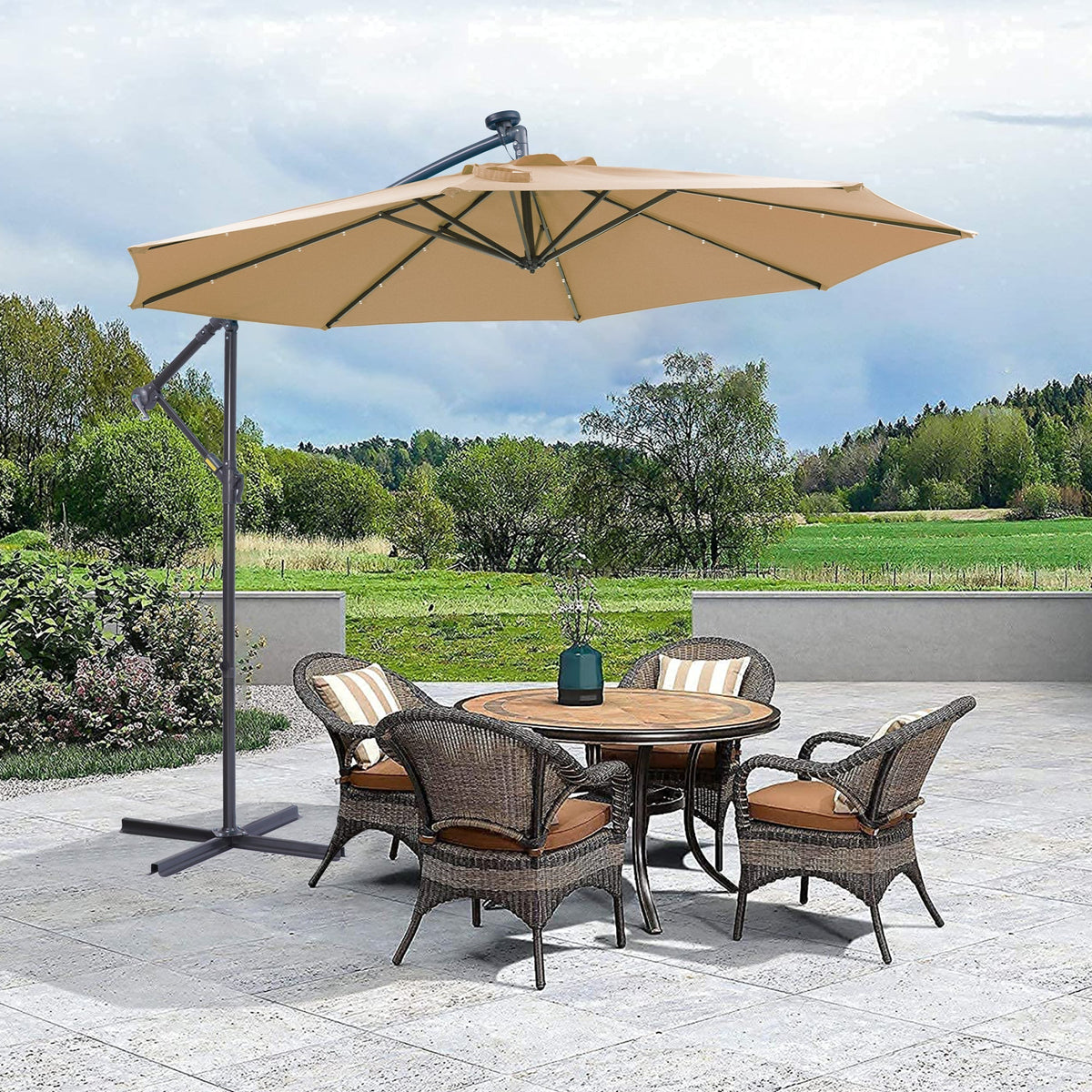 10' Cantilever Patio Umbrella with 32 Solar LED Lights