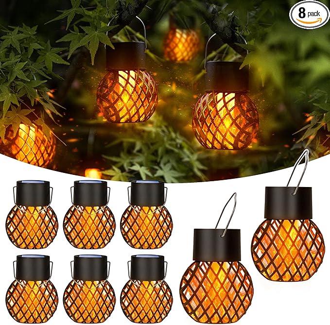 GIGALUMI Solar Hanging Lanterns with Flickering Flame – Set of 8