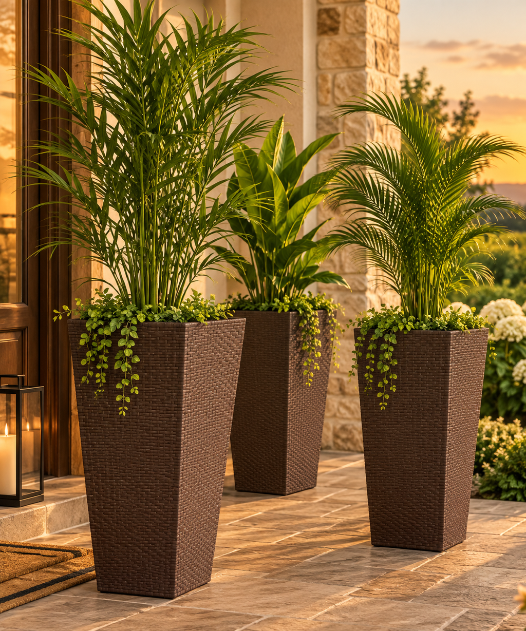 Outdoor Flower Plant Pots - Set of 3 Tall Planters-Brown