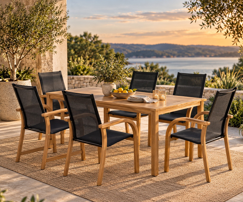 5-Piece Hardwood Outdoor Dining Set with Black Armchairs