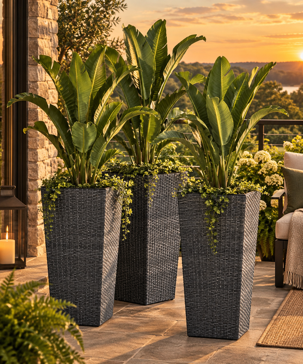 Tall Black Outdoor Planters with Drainage — Set of 3
