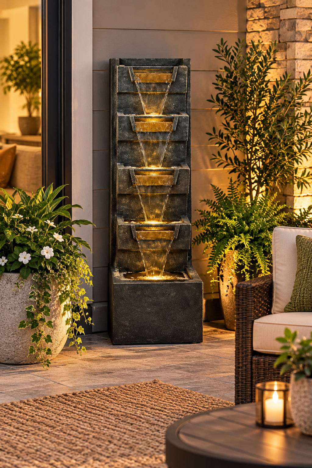 Geometric Cascading Outdoor Wall Fountain with LED Lights